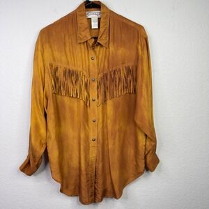 Vintage Nuggets Shirt Womens S Brown Silk Western Fringe Acid Wash Cowgirl Boho